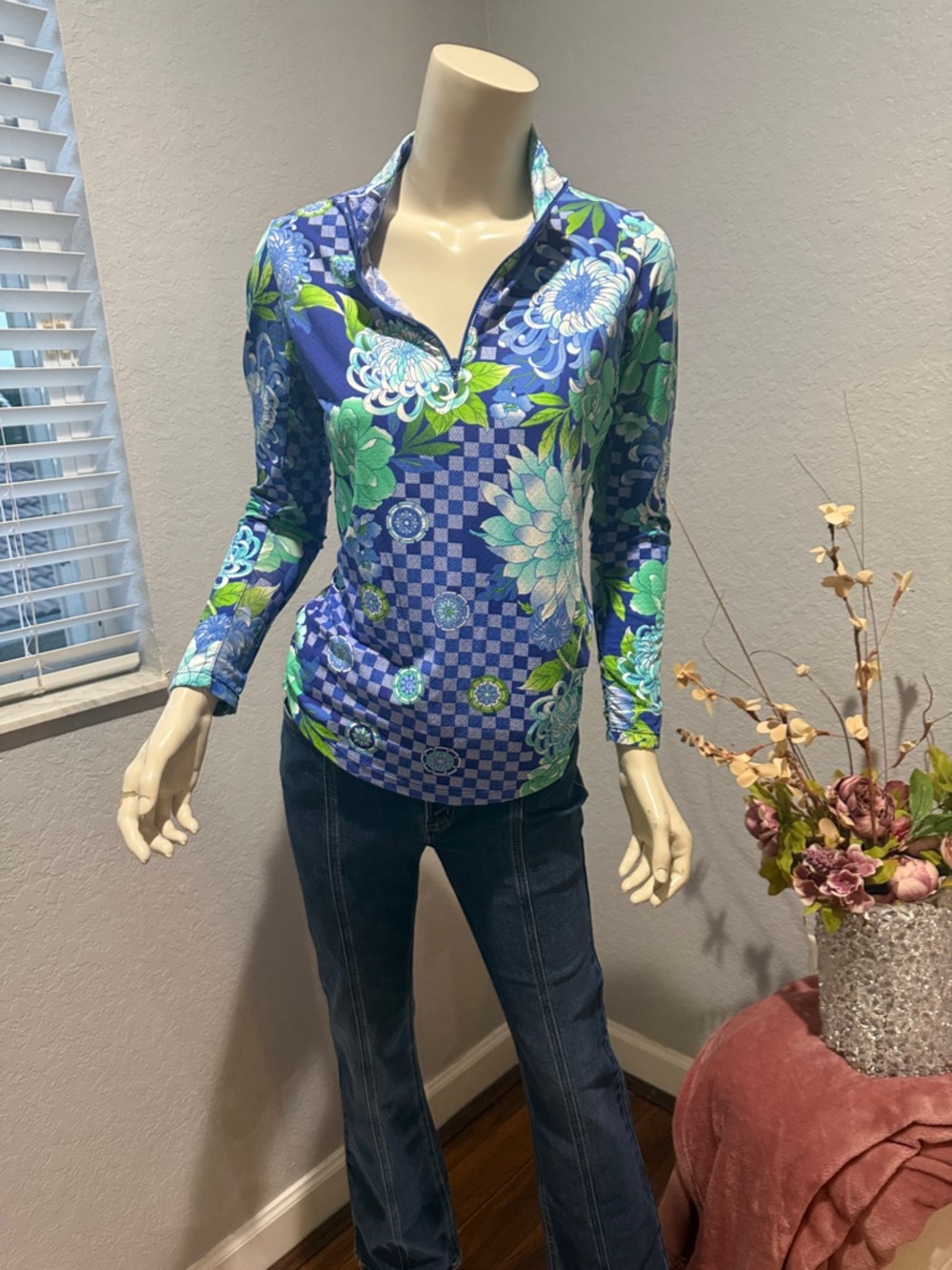 Gottex Blue and Green Floral Long-Sleeve Polo Top
